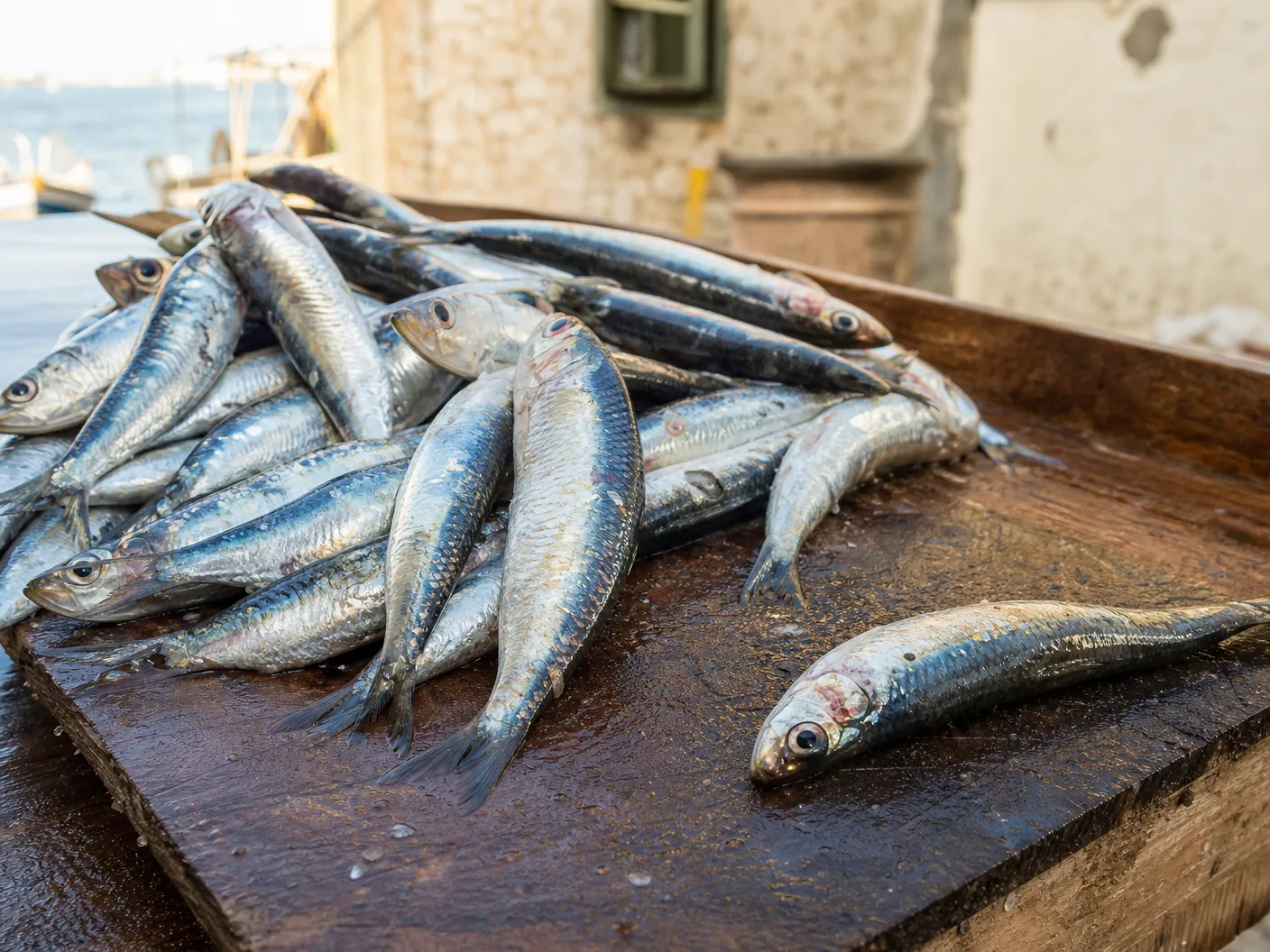Fresh whole sardines from Albania's Ionian Sea — silvery scales catching the light on a market counter in Saranda