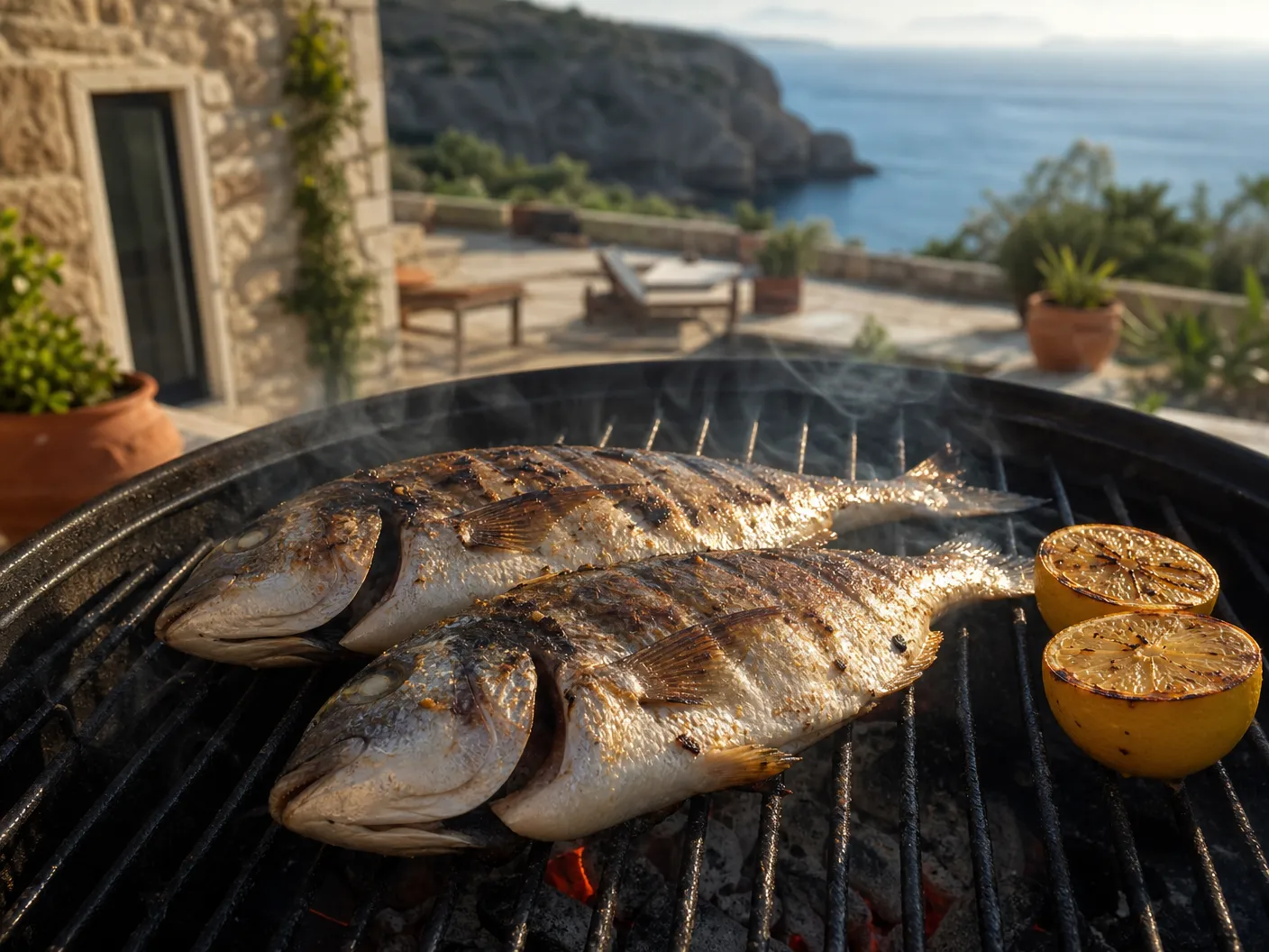 Whole sea bream grilling on charcoal BBQ at a villa in Saranda with Ionian Sea view